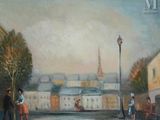 une peinture de personnes marchant dans la rue sous la pluie
