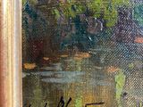 an image of a painting of a woman sitting on a bench by a river