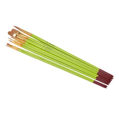 a set of five green and yellow paint brushes on a white background