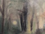 painting of a dirt road with trees and bushes in the background