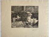 un dessin représentant une femme allongée sur un lit avec un chat