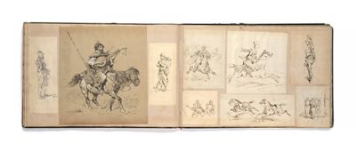 un vieux livre sur lequel figure le dessin d'un homme à cheval et d'un homme à cheval