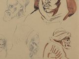 sketches of a man and a woman with headscarves and hats