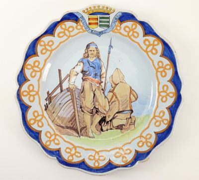 a plate with a picture of a man riding a horse