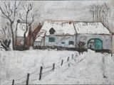 an oil painting of a house in the snow with a fence
