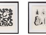 two framed black and white prints of abstract shapes