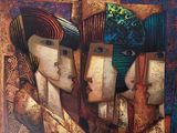 peinture abstraite représentant trois femmes coiffées de chapeaux