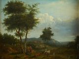 painting of a landscape with a man and a woman tending to a cow