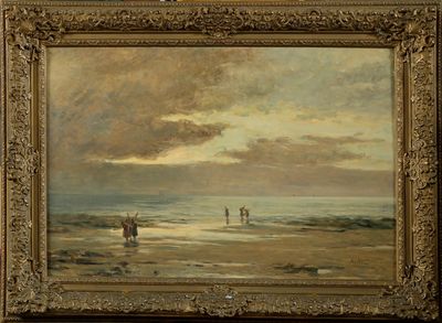 Huile sur toile "Pêcheuses de crevettes à la mer du Nord".