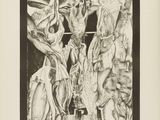 un dessin en noir et blanc d'un groupe de personnes dans une pièce