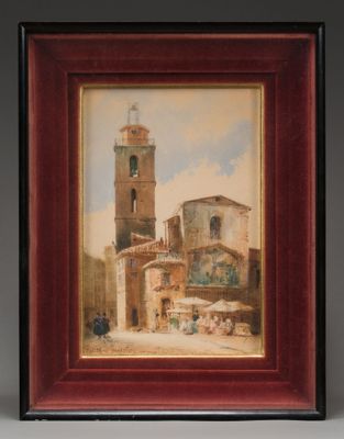 tableau représentant une scène urbaine avec une tour horloge en arrière-plan