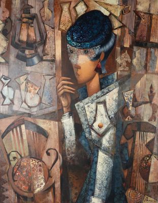 un tableau représentant une femme en robe bleue et chapeau