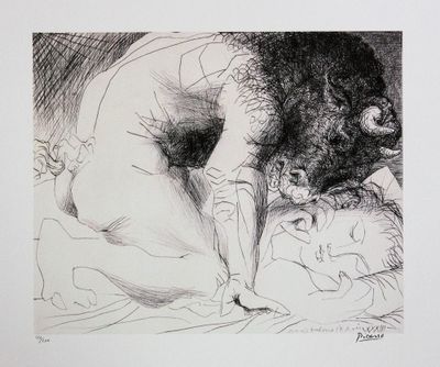 a black and white drawing of a woman laying on a bed