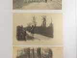 three old black and white photos of people riding horses on a dirt road