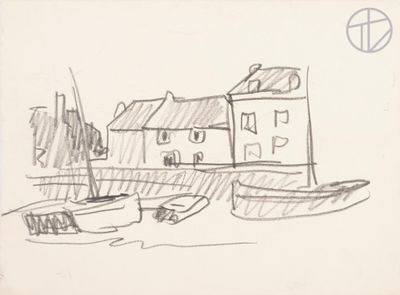 sketches of a drawing of boats in a harbor with a building in the background