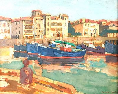 a painting of boats in a harbor with buildings in the background
