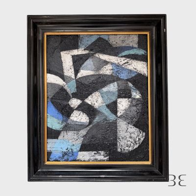 une image représentant une peinture aux motifs abstraits noirs, bleus et blancs