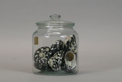a glass jar filled with donuts sitting on a table