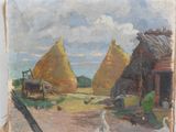 an oil painting of a farm scene with hay stacks and chickens