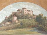 un tableau représentant un château au sommet d'une colline