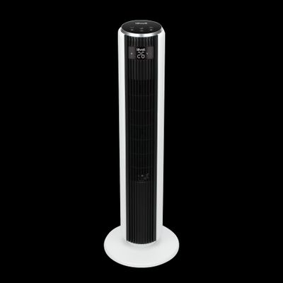 une image représentant un purificateur d'air en forme de tour, en noir et blanc, sur fond noir