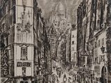 dessin représentant une scène de rue avec des passants marchant dans la rue