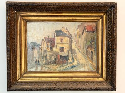 tableau représentant une scène de rue avec des bâtiments et une calèche