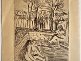un vieux dessin représentant une femme assise sur un banc à côté d'un homme