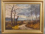 une peinture à l'huile représentant un homme marchant sur un chemin de terre dans les bois