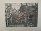 drawing of a house in a wooded area with a dog in front of it