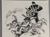 drawing of a man standing next to a motorcycle with a basket on the back of it