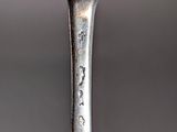 a close up of a silver spoon with a bird on it