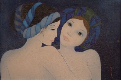 painting of two women with blue headscarves on their heads