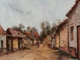 tableau représentant une rue de village avec une personne qui marche sur la route