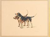 painting of two dogs standing next to each other on a white surface