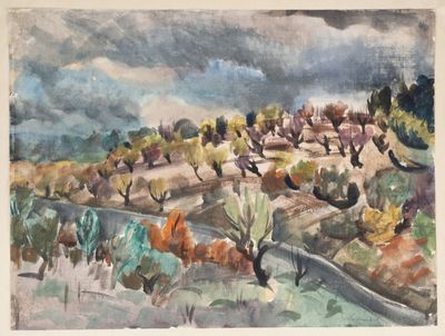 une image représentant une aquarelle représentant un paysage avec des arbres et des buissons