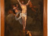 an oil painting of jesus on the cross with angels and doves