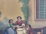 a painting of a woman and two children sitting on a bench