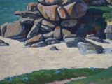 a painting of rocks on the beach by the water