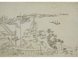 an ink drawing of a woman sitting on a rock overlooking a body of water