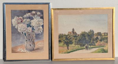 two paintings of flowers in a vase on a table next to a wall