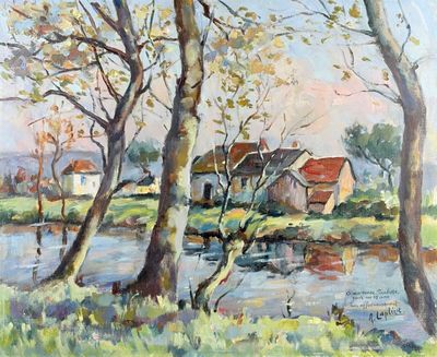painting of a painting of a house by a body of water