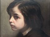 an oil painting of a young girl in a black dress