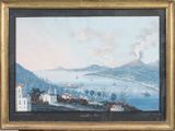 an image of a painting of a view of a town with a mountain in the background