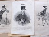 several old fashion sketches of men and women in hats and gowns