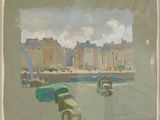 painting of a view of a harbor with boats and buildings in the background