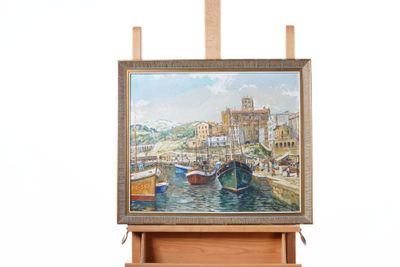 a picture of a painting on a easel on a white background