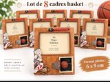 six cadres en bois contenant des ballons de basket