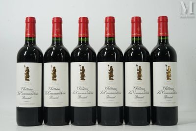 six bouteilles de vin rouge sont alignées sur une surface blanche