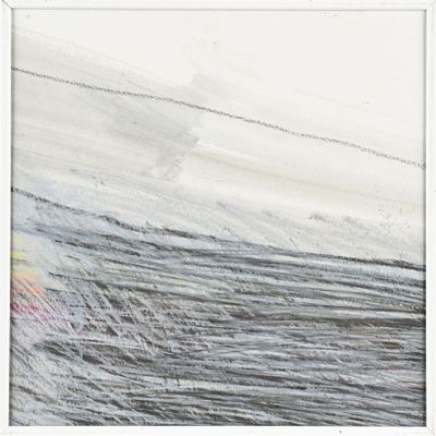 Peinture abstraite représentant une personne sur une planche de surf chevauchant une vague